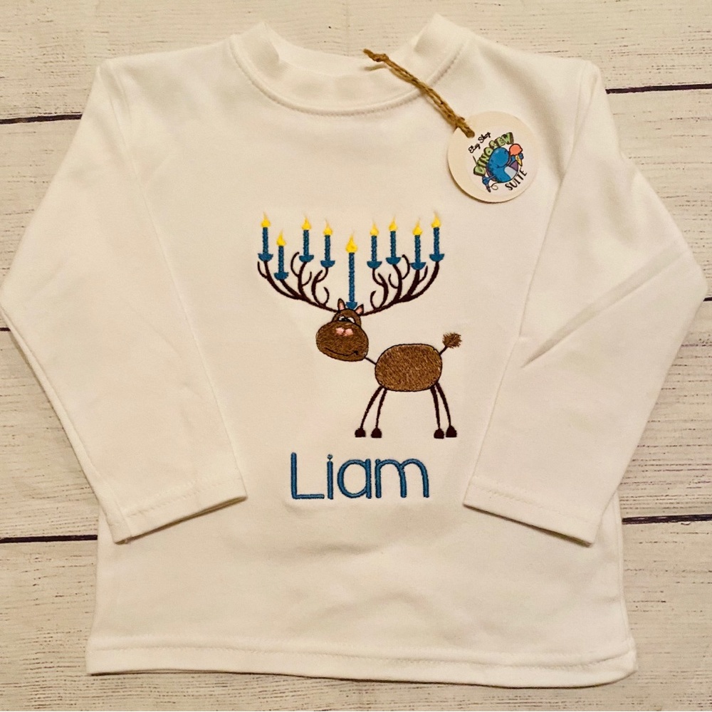 ‘Liam’ long sleeve white appliqué Hanukkah shirt (12-18M)